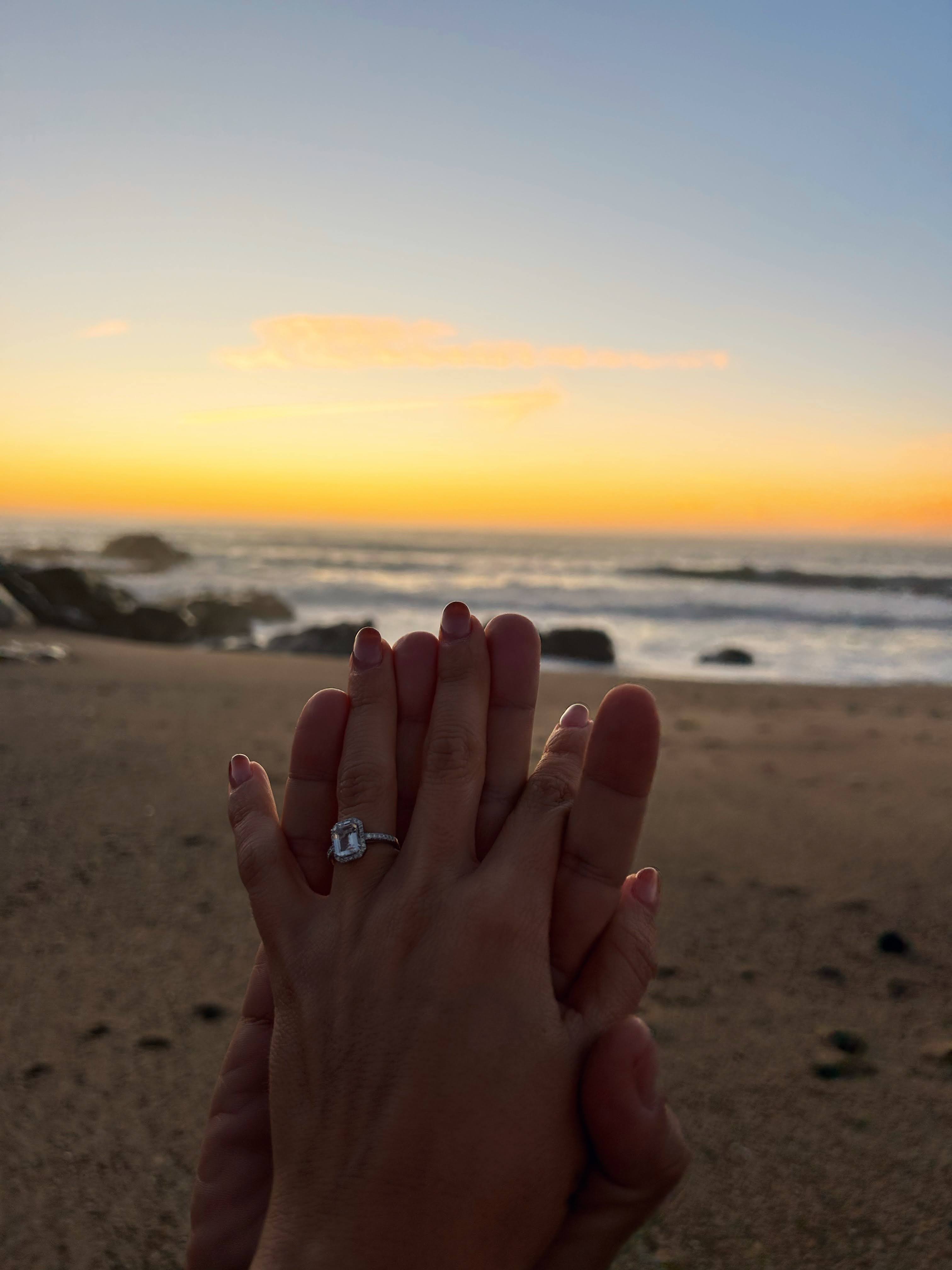 A close-up of an engagement ring on a hand